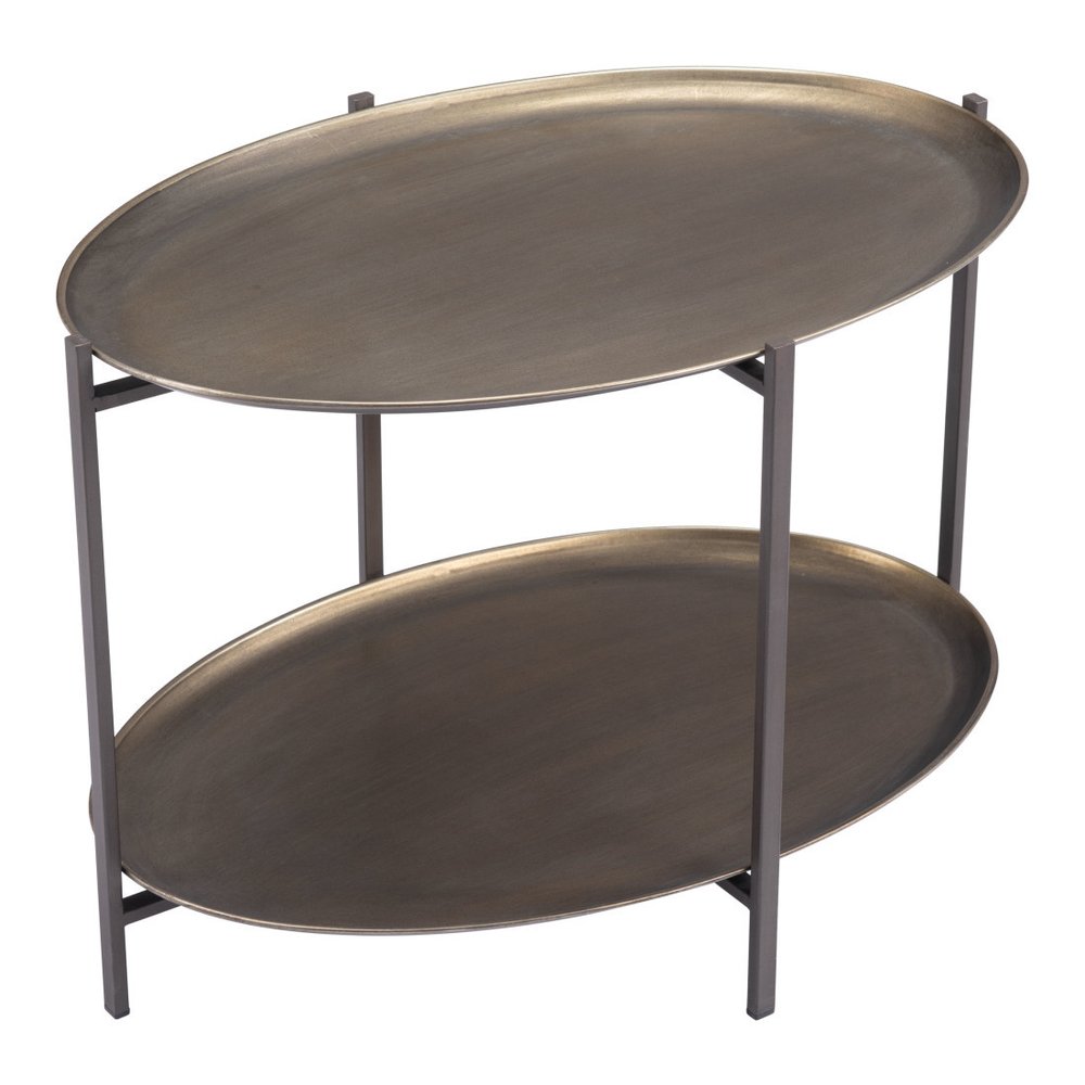 Antiqued Bronze and Black Steel Oval Two Tier Coffee Table - 26-inch