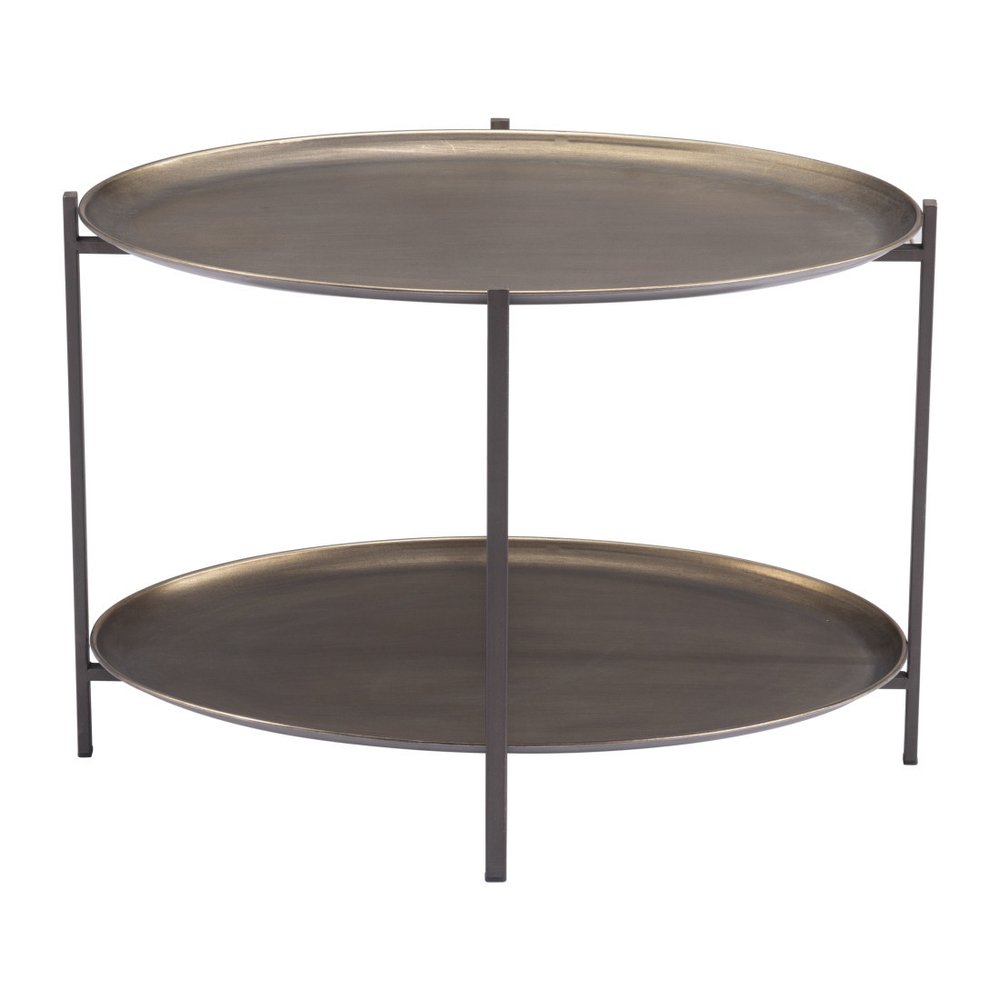 Antiqued Bronze and Black Steel Oval Two Tier Coffee Table - 26-inch