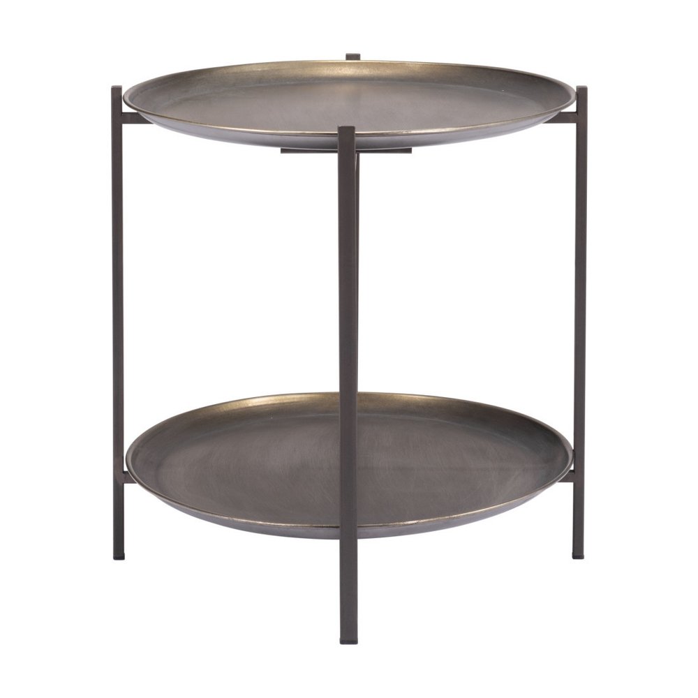 Antiqued Bronze and Black Steel Oval Two Tier Coffee Table - 26-inch