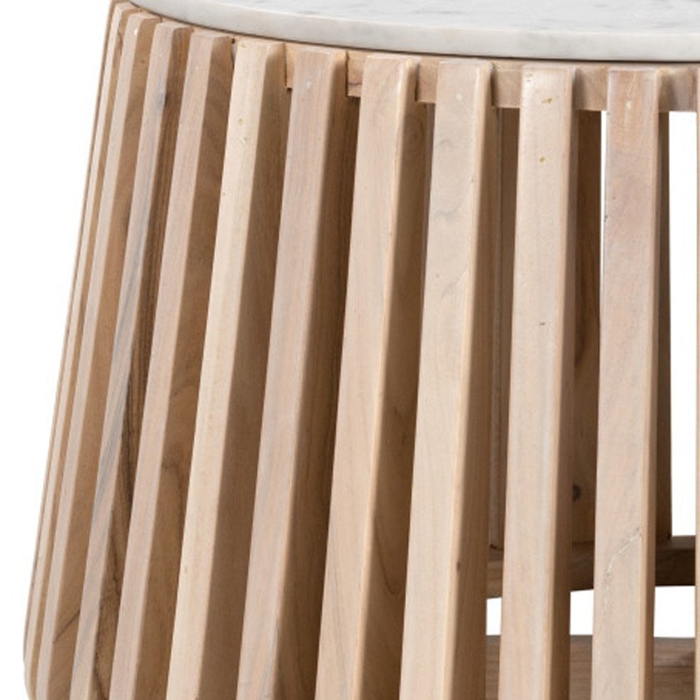 White and Natural Genuine Marble and Wood Round Drum Coffee Table