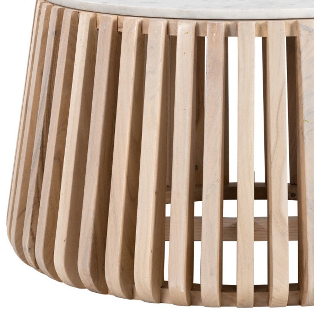 White and Natural Genuine Marble and Wood Round Drum Coffee Table