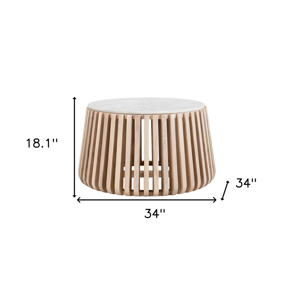 White and Natural Genuine Marble and Wood Round Drum Coffee Table