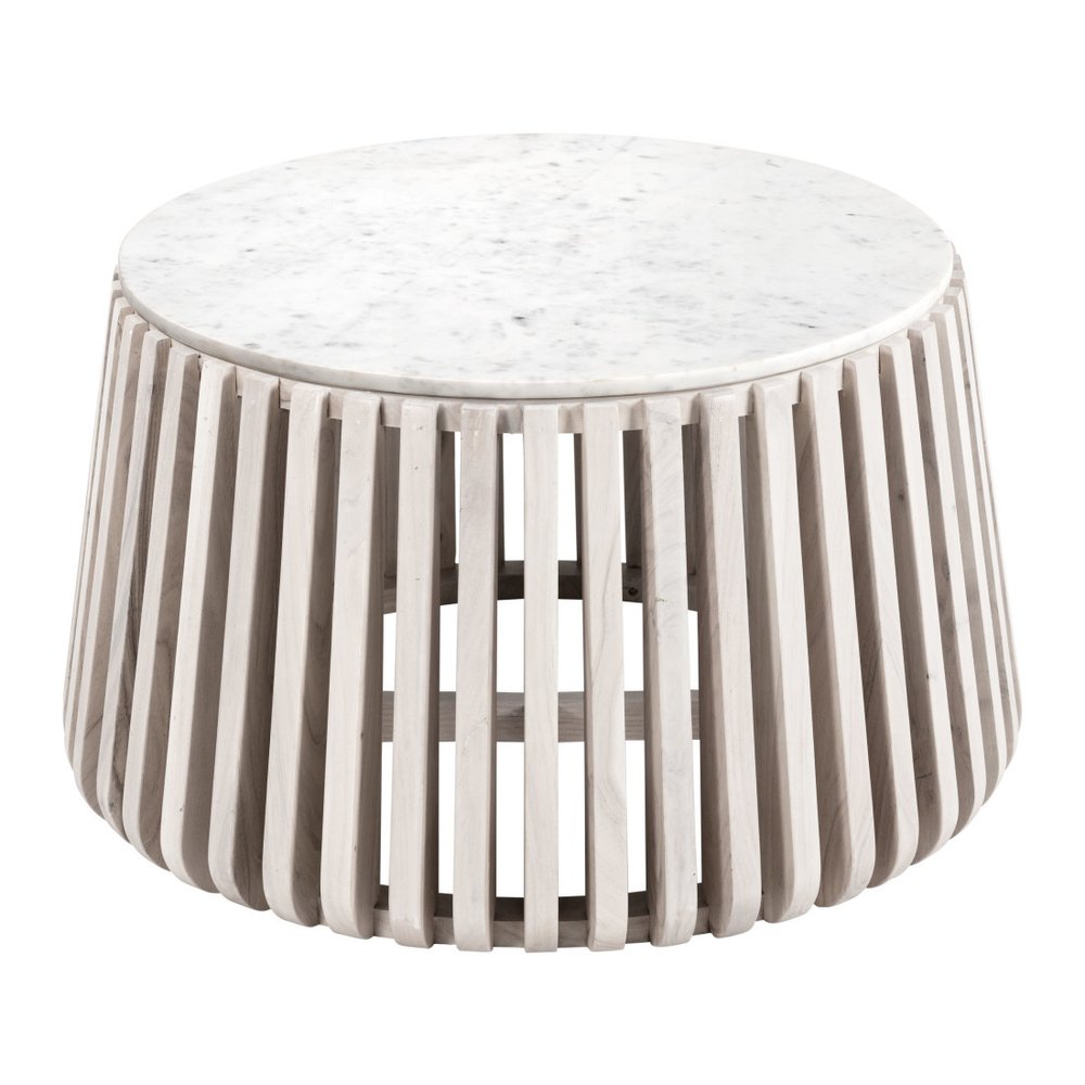 White and Natural Genuine Marble and Wood Round Drum Coffee Table