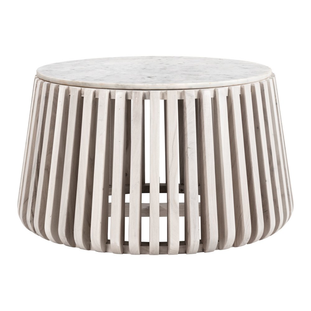 White and Natural Genuine Marble and Wood Round Drum Coffee Table
