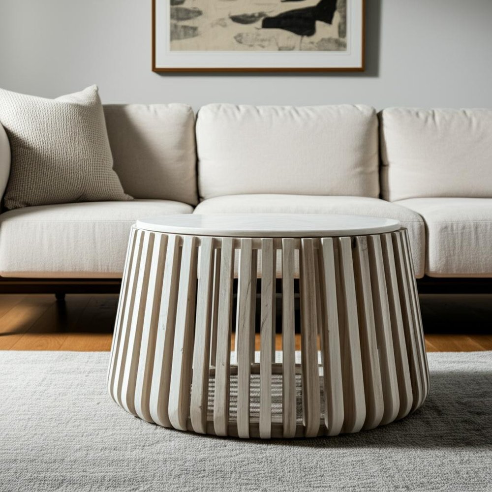 White and Natural Genuine Marble and Wood Round Drum Coffee Table