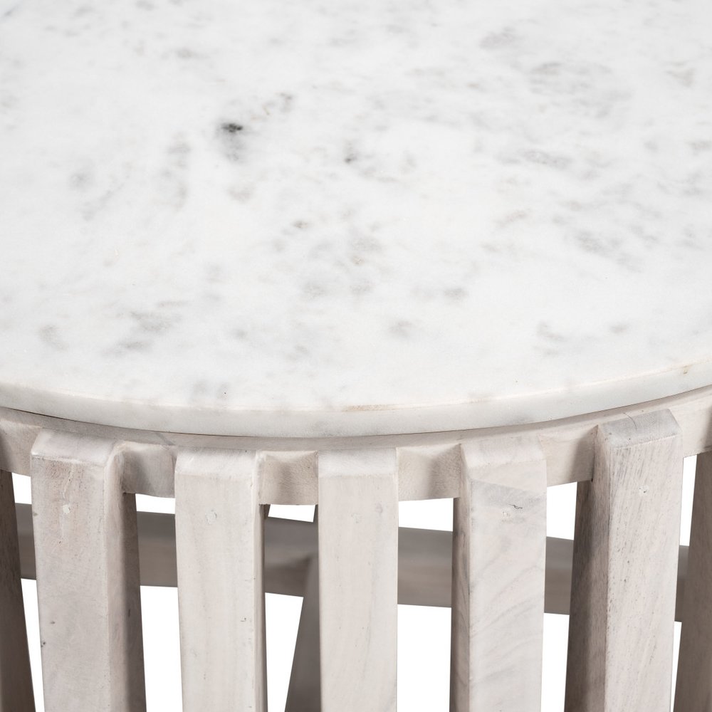 White and Natural Genuine Marble and Wood Round Drum Coffee Table