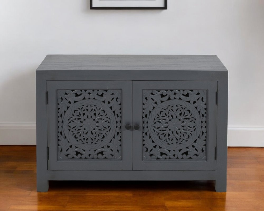 Gray Distressed Solid Wood Textured Door Accent Cabinet with Two Doors - 30-inch