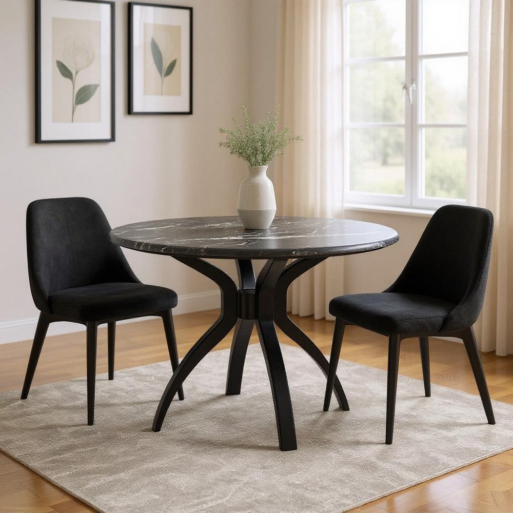 Black Faux Marble and Steel Pedestal Base Round Top Dining Table - 50-inch