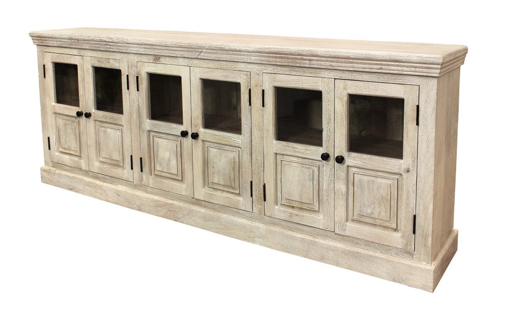 Antiqued White Distressed Solid Wood Sideboard with Six Glass Doors - 93-inch