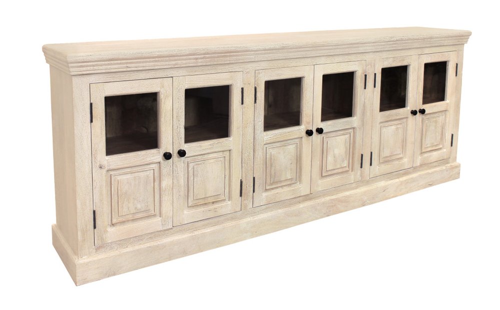 Antiqued White Distressed Solid Wood Sideboard with Six Glass Doors - 93-inch