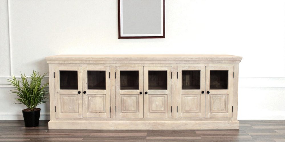 Antiqued White Distressed Solid Wood Sideboard with Six Glass Doors - 93-inch