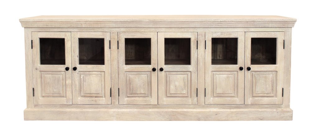 Antiqued White Distressed Solid Wood Sideboard with Six Glass Doors - 93-inch