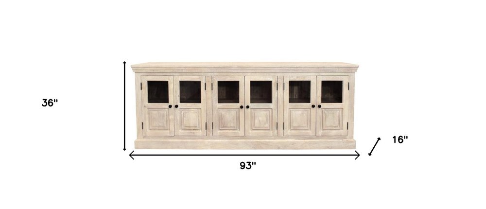 Antiqued White Distressed Solid Wood Sideboard with Six Glass Doors - 93-inch