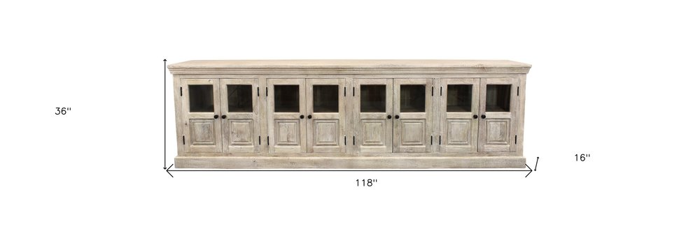 Antiqued White Distressed Solid Wood Sideboard with 8 Glass Doors - 118-inch