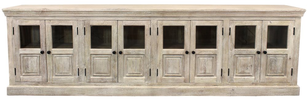 Antiqued White Distressed Solid Wood Sideboard with 8 Glass Doors - 118-inch