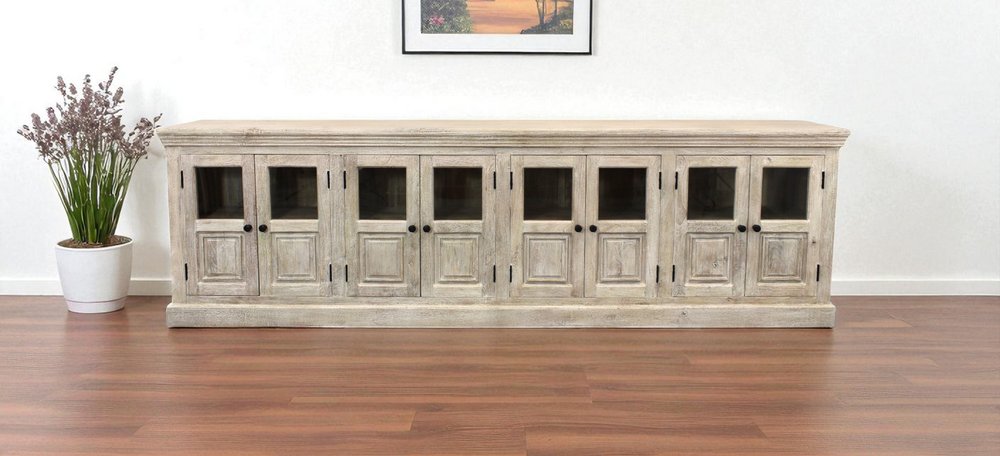 Antiqued White Distressed Solid Wood Sideboard with 8 Glass Doors - 118-inch