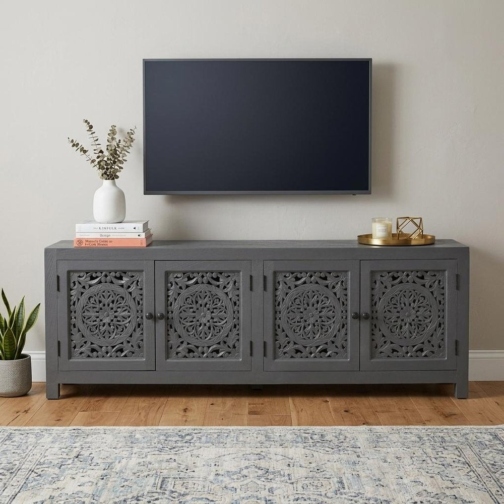 Dark Gray Carved Floral Distressed Solid Wood Enclosed Storage TV Stand