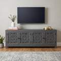 Dark Gray Carved Floral Distressed Solid Wood Enclosed Storage TV Stand