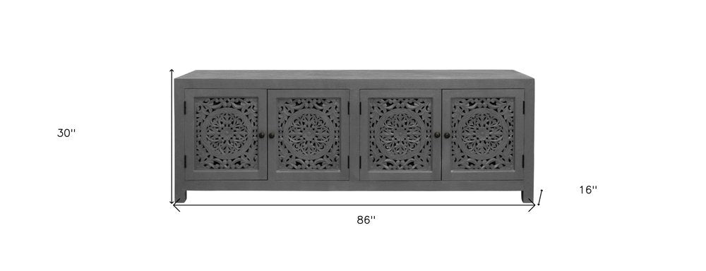 Dark Gray Carved Floral Distressed Solid Wood Enclosed Storage TV Stand