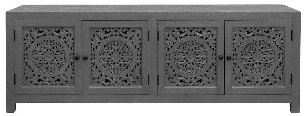 Dark Gray Carved Floral Distressed Solid Wood Enclosed Storage TV Stand