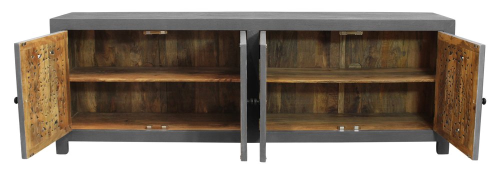 Dark Gray Carved Floral Distressed Solid Wood Enclosed Storage TV Stand
