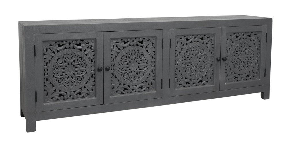 Dark Gray Carved Floral Distressed Solid Wood Enclosed Storage TV Stand