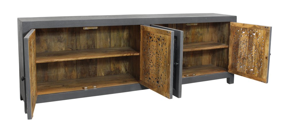 Dark Gray Carved Floral Distressed Solid Wood Enclosed Storage TV Stand