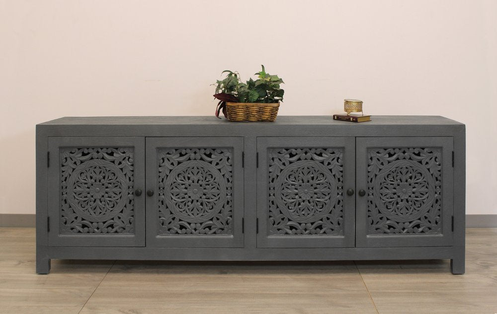 Dark Gray Carved Floral Distressed Solid Wood Enclosed Storage TV Stand