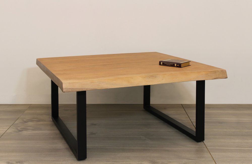 Natural and Black Solid Wood and Iron Square Distressed Coffee Table