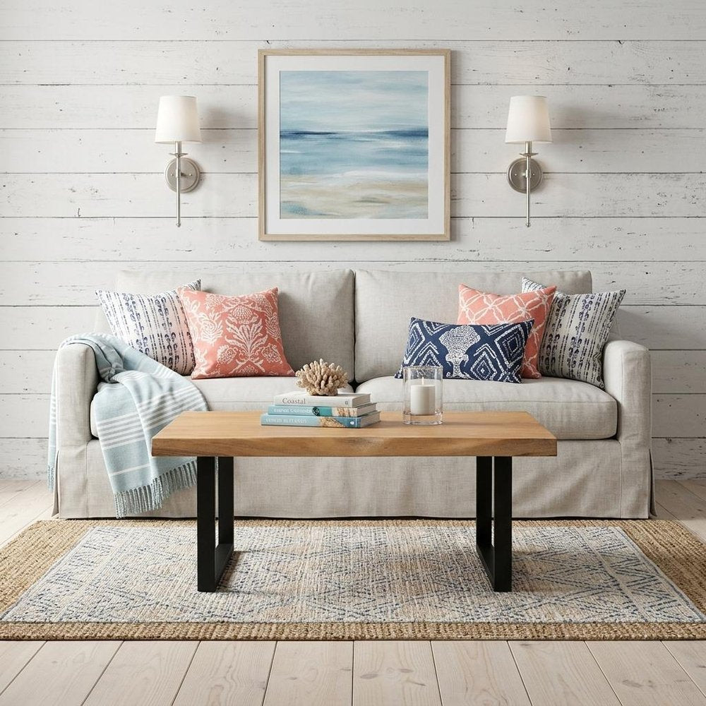 Natural and Black Solid Wood and Iron Square Distressed Coffee Table