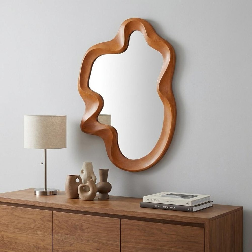 Brown Solid Wood Abstract Geometric Framed Accent Mirror - 35-inch