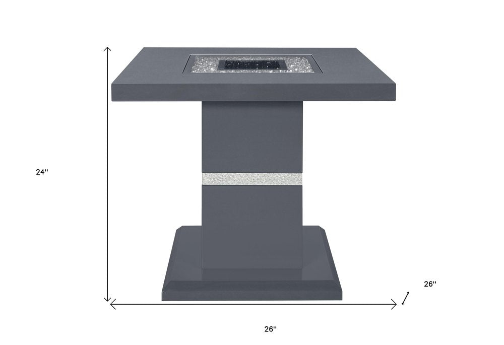 Dark Gray and Silver Faux Crystals Glass and Wood Square Pedestal End Table