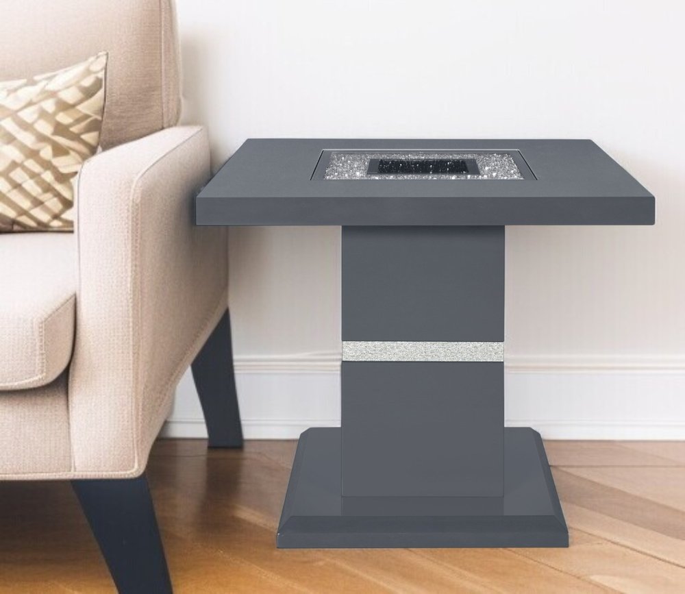 Dark Gray and Silver Faux Crystals Glass and Wood Square Pedestal End Table