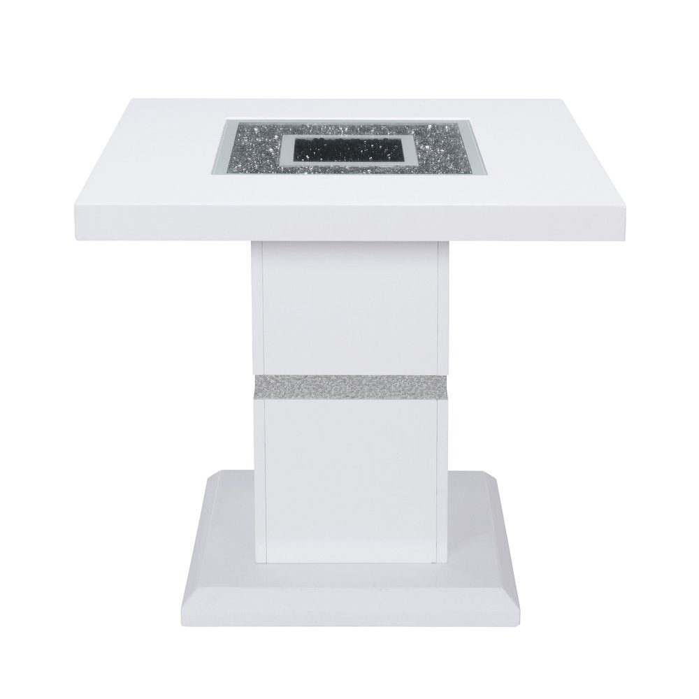 White and Silver Glass and Wood Faux Crystal Bling Square Pedestal End Table