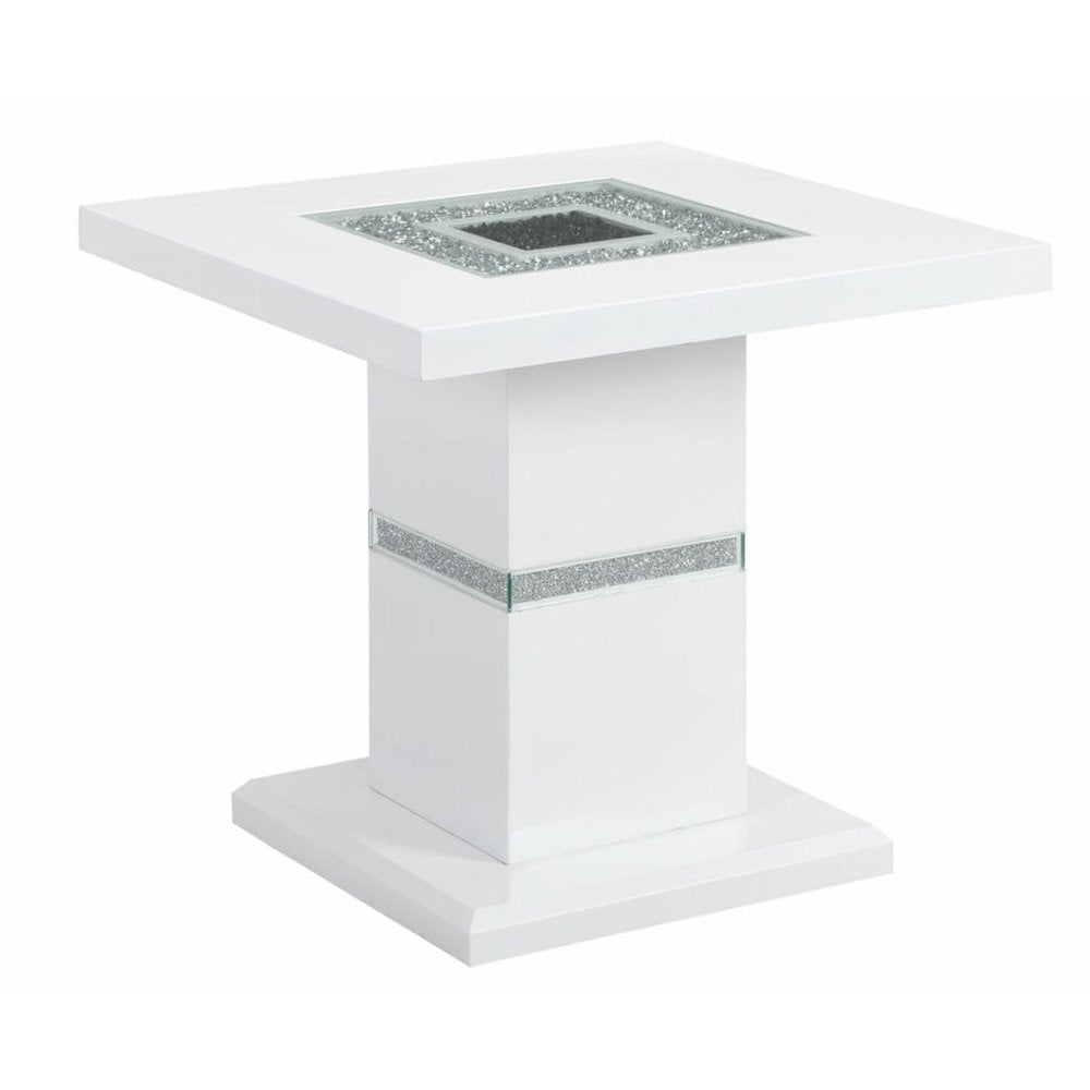 White and Silver Glass and Wood Faux Crystal Bling Square Pedestal End Table