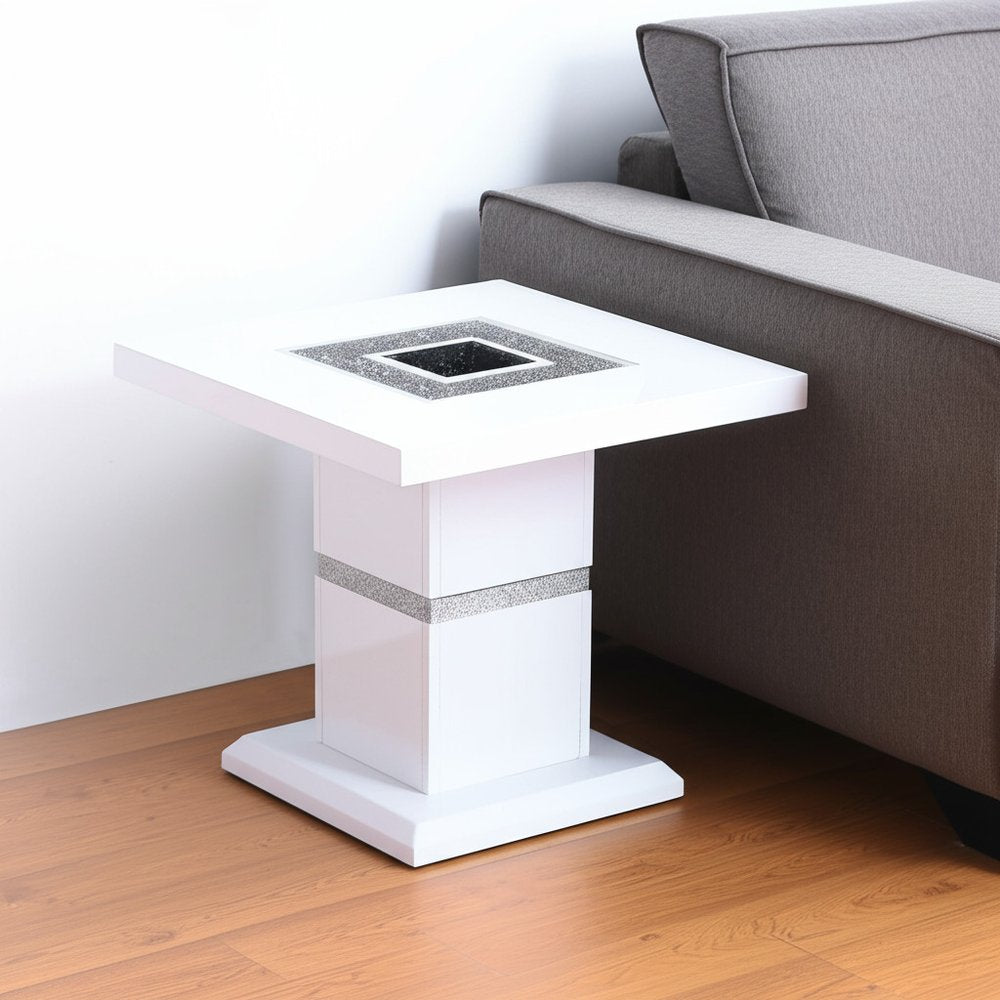 White and Silver Glass and Wood Faux Crystal Bling Square Pedestal End Table
