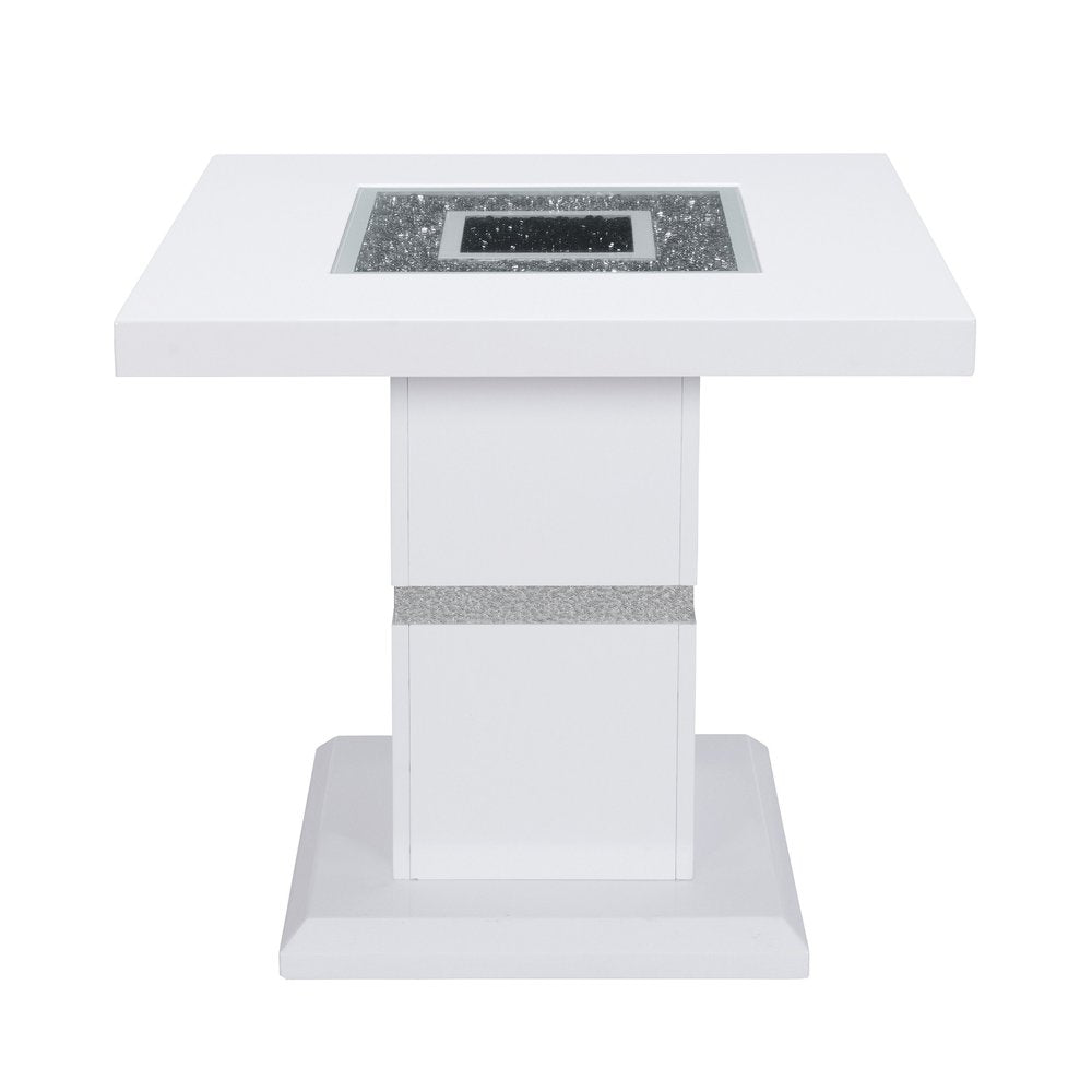 White and Silver Glass and Wood Faux Crystal Bling Square Pedestal End Table
