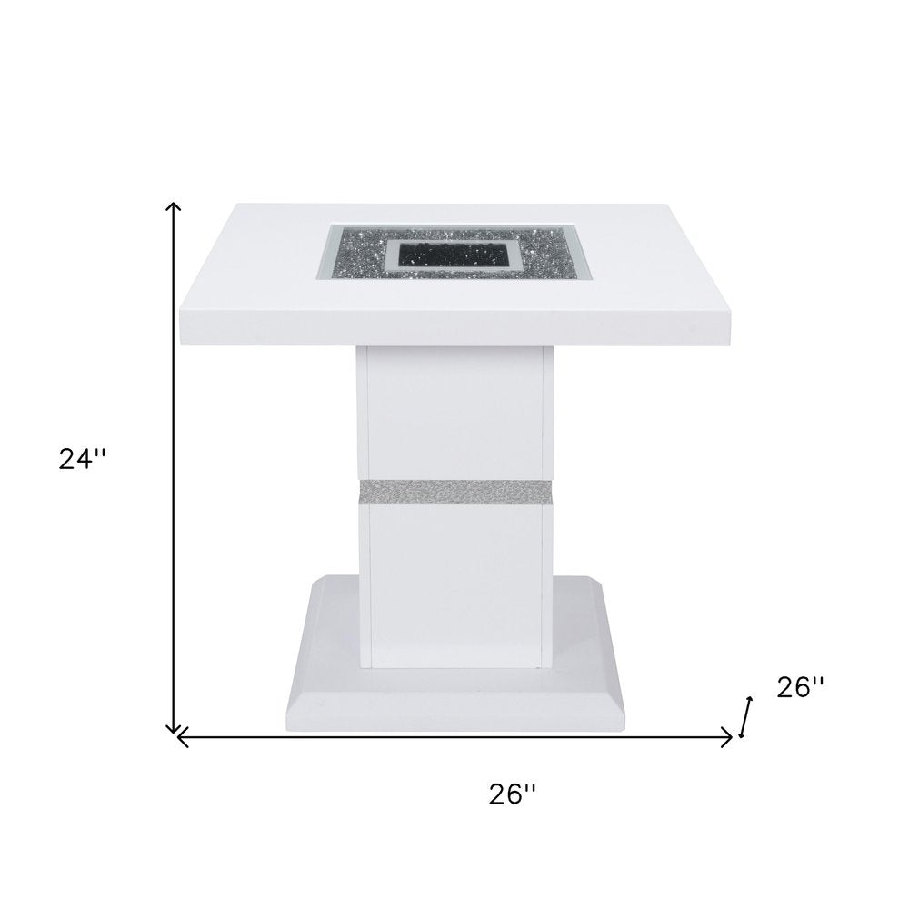 White and Silver Glass and Wood Faux Crystal Bling Square Pedestal End Table