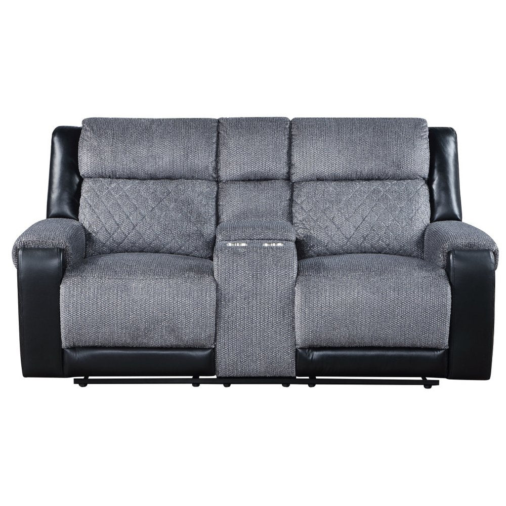 Gray and Black Faux Leather and Microfiber Manual Reclining Loveseat with Storage