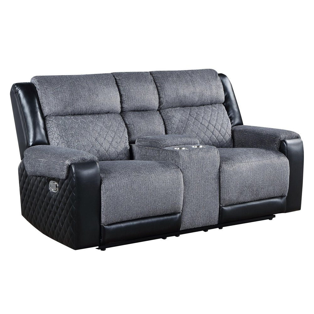 Gray and Black Faux Leather and Microfiber Manual Reclining Loveseat with Storage