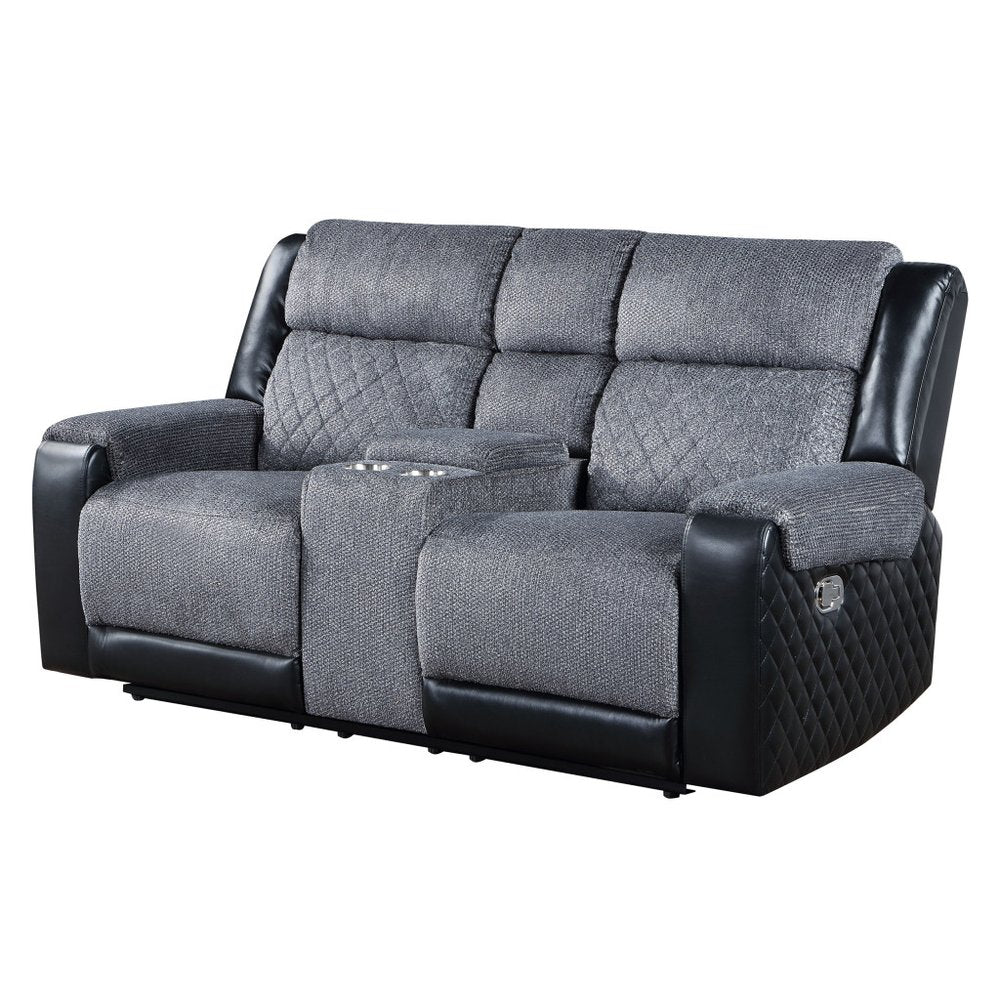 Gray and Black Faux Leather and Microfiber Manual Reclining Loveseat with Storage