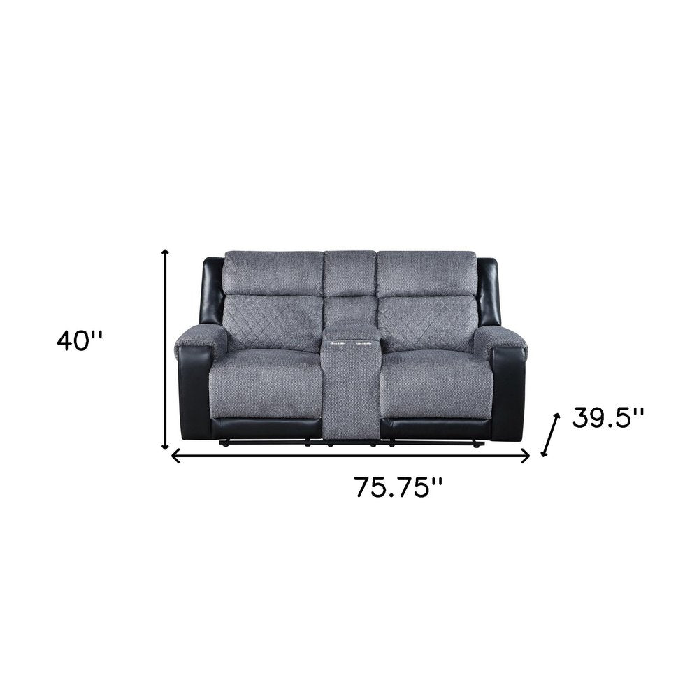 Gray and Black Faux Leather and Microfiber Manual Reclining Loveseat with Storage