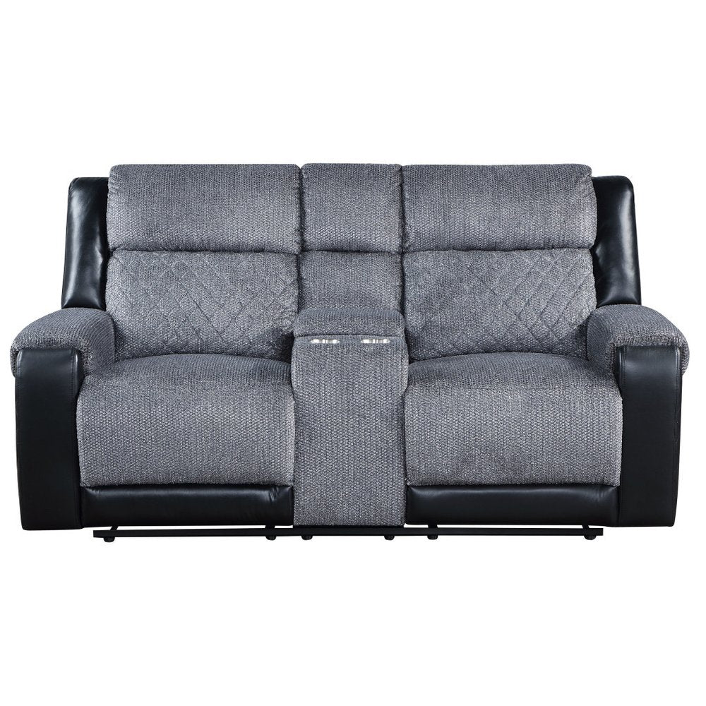 Gray and Black Faux Leather and Microfiber Manual Reclining Loveseat with Storage