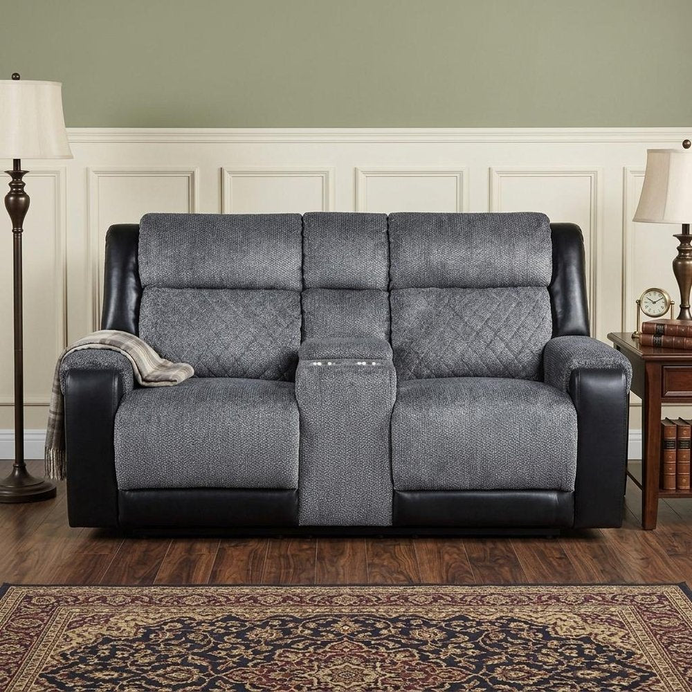 Gray and Black Faux Leather and Microfiber Manual Reclining Loveseat with Storage