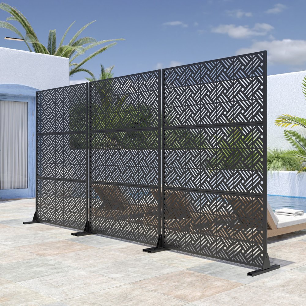 Black Steel Three Panel Screen Room Divider - 72-inch