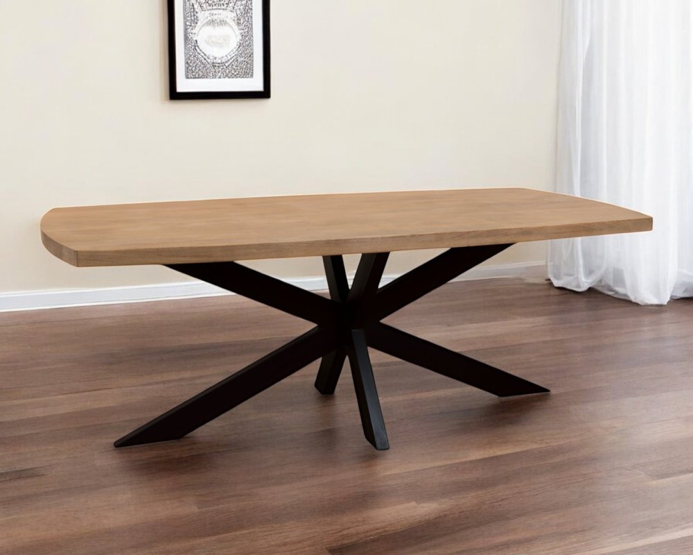 Natural and Black Solid Wood and Iron Pedestal Base Dining Table - 82-inch