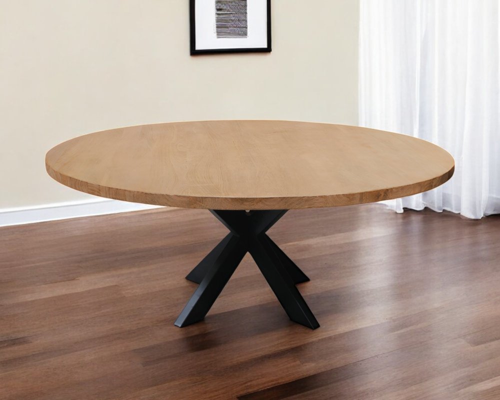 Natural and Black Rounded Solid Wood and Iron Pedestal Base Dining Table