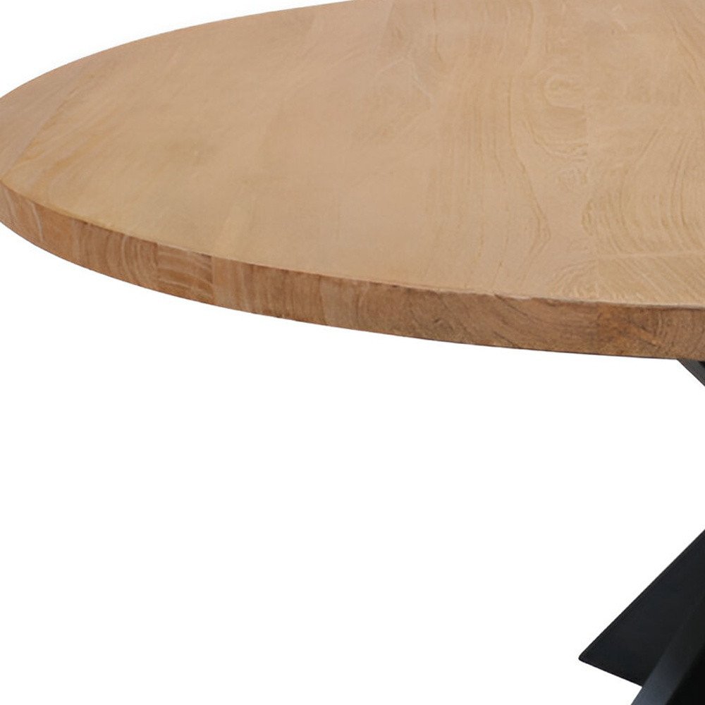 Natural and Black Rounded Solid Wood and Iron Pedestal Base Dining Table