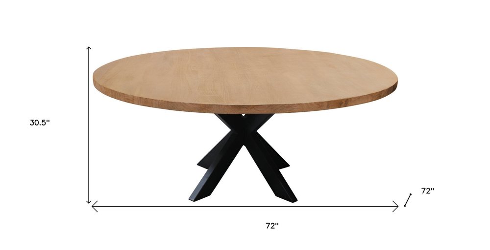 Natural and Black Rounded Solid Wood and Iron Pedestal Base Dining Table