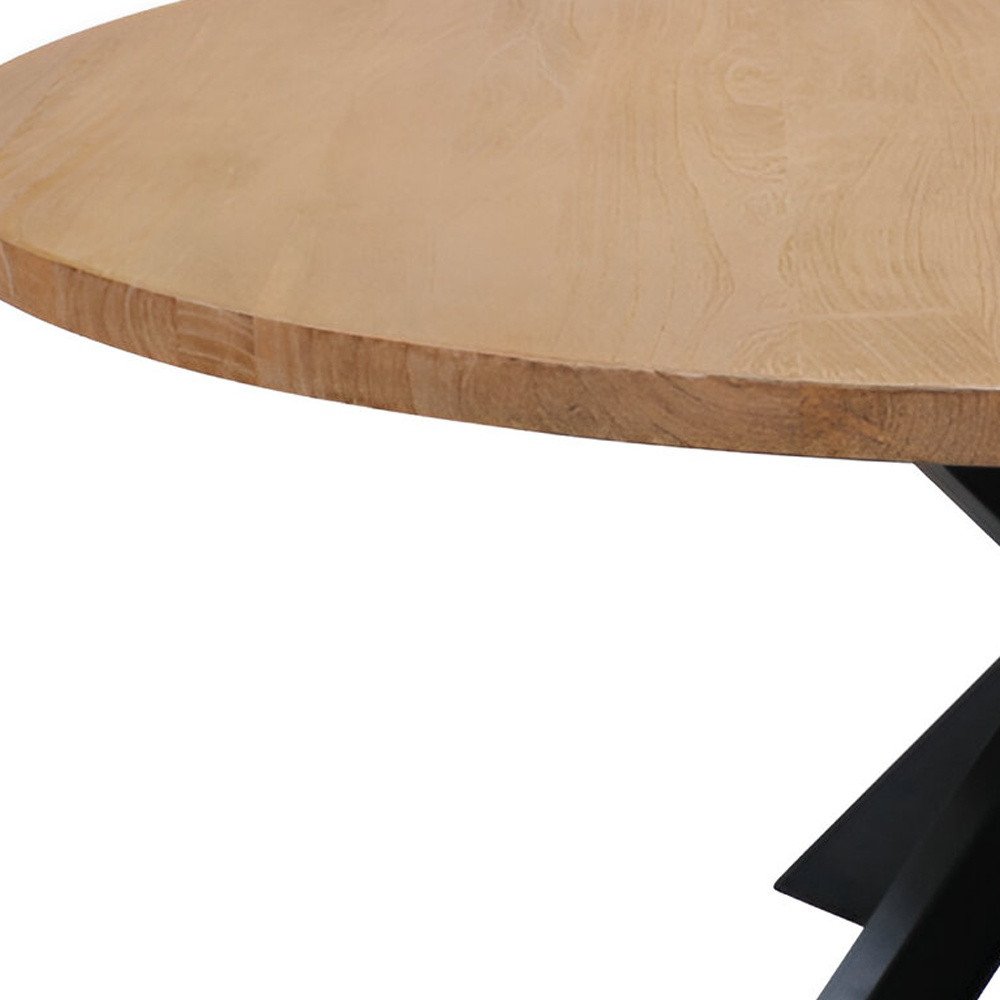 Natural and Black Rounded Solid Wood and Iron Pedestal Base Dining Table